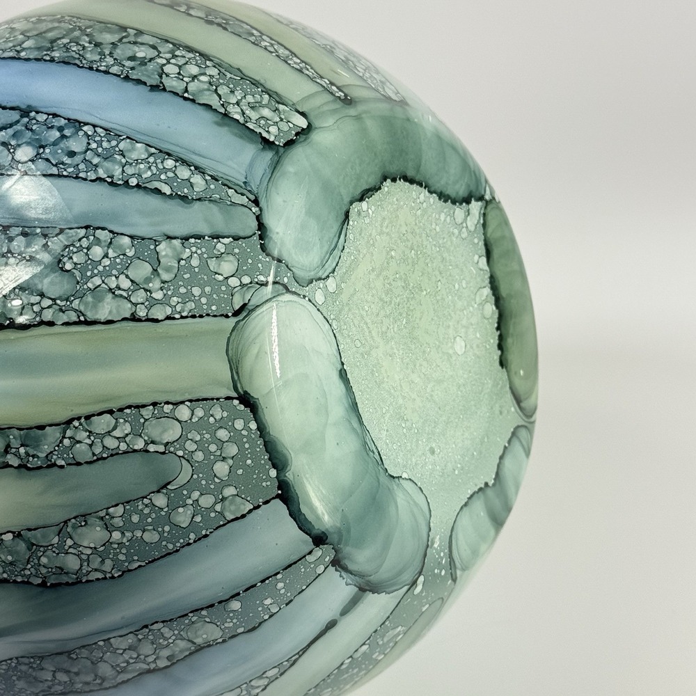 Vintage Art Glass, Hand Blown Rose Bowl Vase, Blue Green Watercolor‎ 7" - Picture 6 of 11